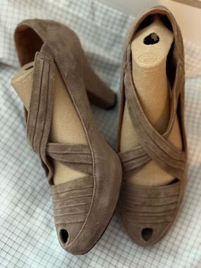 gentle souls Brown Suede Peep-Toe Block Heels